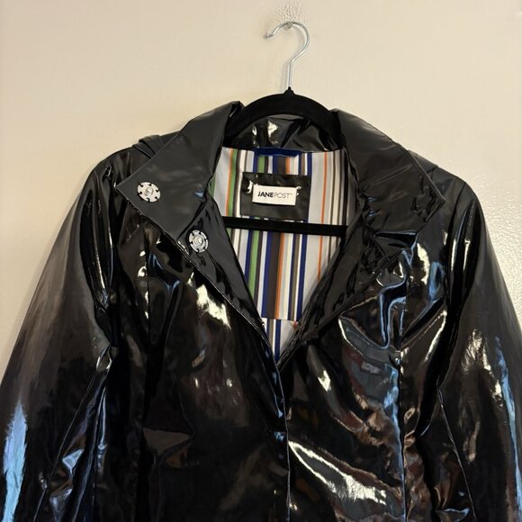 Jane Post Women S Black Snap Front Detachable Hood Iconic Slicker Raincoat NWT - Picture 5 of 15
